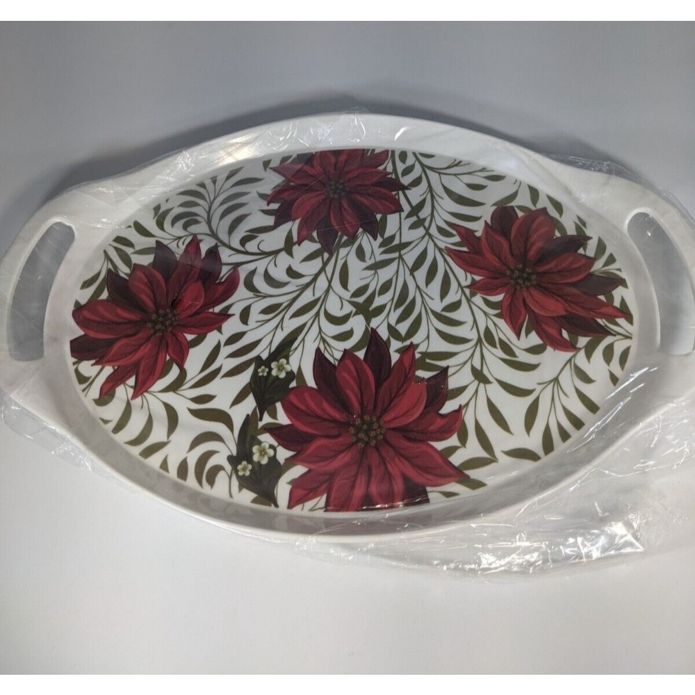 Holiday Melamine Poinsettia Tray Oval Platter with Handles Serving Plate NOS